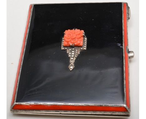 Silver and enamel cigarette case, Birmingham 1935, carved coral and marcasite decoration, 8.5cm.