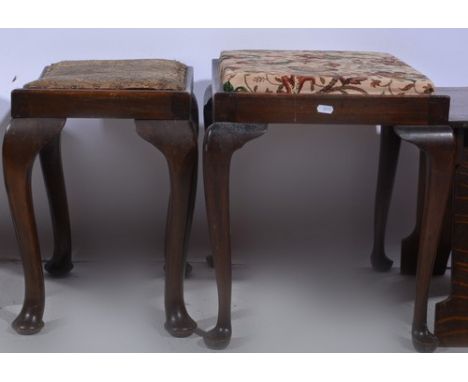 Oak stool, string work seat, width 38cm and two other stools (3).