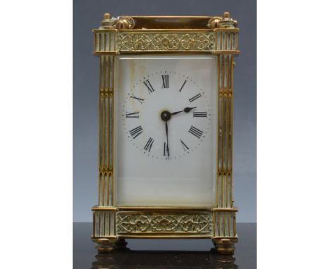 French brass cased carriage clock, square section columns, white enamel dial, platform escapement, 14cm in a morocco carrying