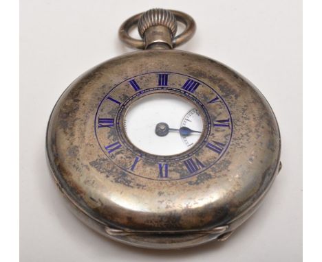 Silver half hunter pocket watch, London 1927, white enamel dial, signed Benson, London, key wind lever movement, diameter 5cm