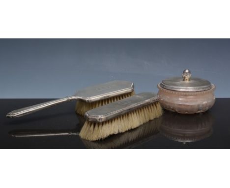 Silver six piece dressing table set, London 1938, engine turned with engraved monograms, including a circular glass powder bo