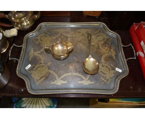 Electroplated tray, shaped bobbin moulded outline, 54cm, a three piece carving set, cased and other plated wares.