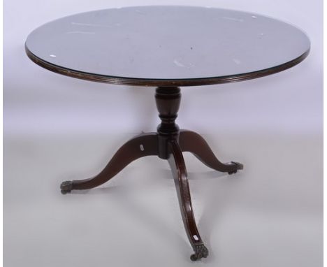 Reproduction mahogany pedestal table, circular tilt top, baluster column on tripod legs, diameter 108cm.
