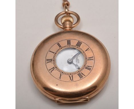 9ct hallmarked half hunter pocket watch, Birmingham 1929, white enamel dial, signed J W Benson, London, key wind lever moveme