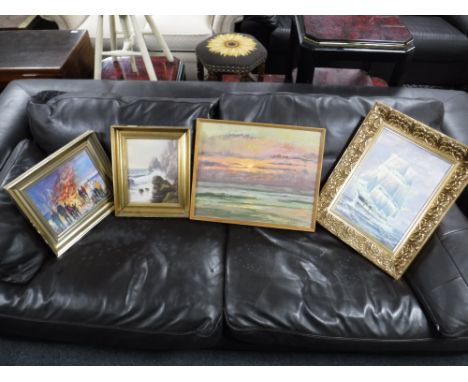 Three gilt framed oils on canvas by A. Franci - galleon, seascape and figures on a beach, further continental school oil - wa