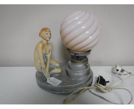 A chalk Art Deco table lamp with a pink glass shade 