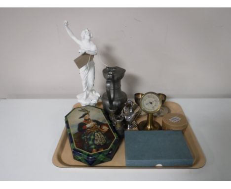 A painted Spelter figure, a Ibachler pewter jug, plated ware, a brass compass, a pair of opera glasses, cutlery, etc 