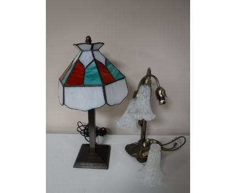 A Tiffany style table lamp with shade, together with an Art Deco style table lamp with shade and a Murano figure 