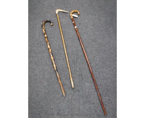 A horn handled walking stick and two others 