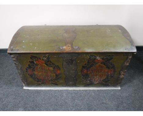 A 19th century hand painted oak dome top shipping trunk (locked, no key)