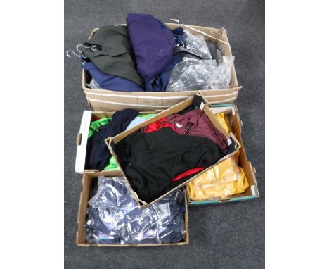 Five boxes containing suit jackets, polo shirts, kids thermal tops, etc 