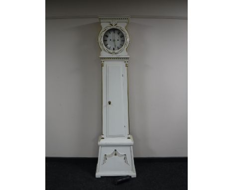 A continental white and gilt painted longcase clock with pendulum and weight CONDITION REPORT: Pendulum and one weight presen