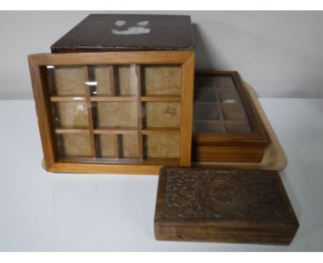 A tray containing two pine glass door display cases, together with a carved Eastern hardwood trinket box and a oak table box 