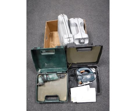 Four cased power tools including Black and Decker jigsaw, Bosch sander, Black and Decker Quattro and performance drill