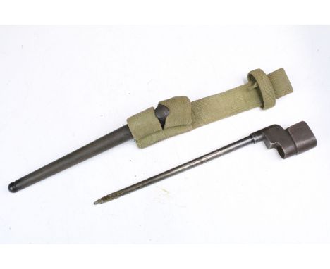 A British World War Two era Lee Enfield bayonet complete with metal scabbard and canvas frog. 