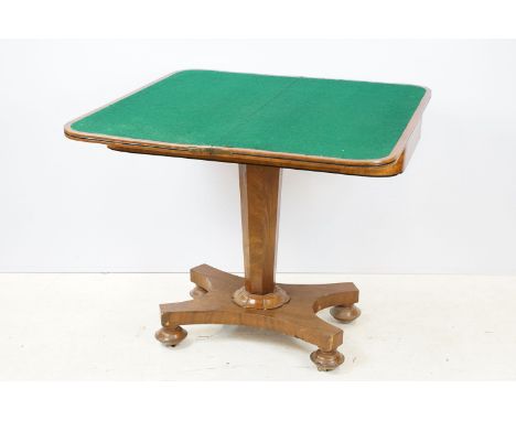 19th Century Victorian card table having a four point base with faceted column and folding top with green felt within and inl