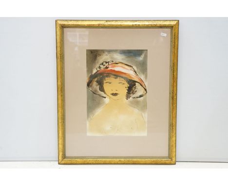 Roger Etienne (French/American, b.1922), head and shoulders portrait study of a nude wearing a red hat, gouache, signed upper