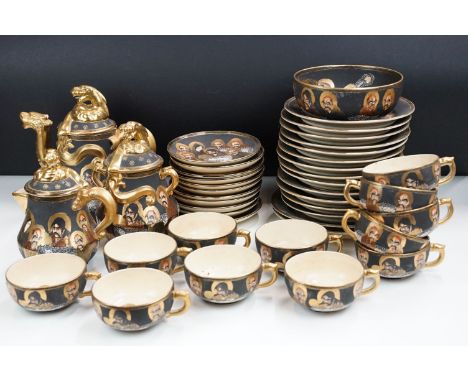 Japanese earthenware service from Satsuma to include tea pot, milk jug and lidded sugar bowl, eleven saucers, twelve cups, bo