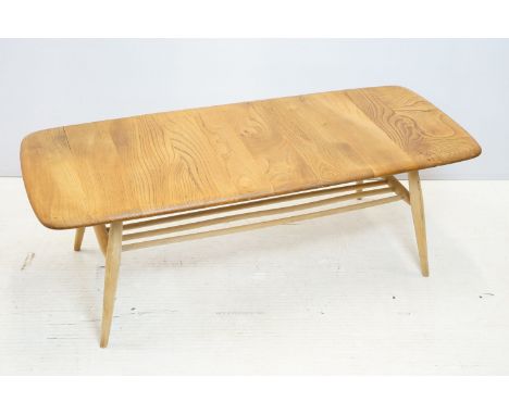 Ercol light elm and beech coffee table with slatted shelf underneath, 105cm long x 37cm high