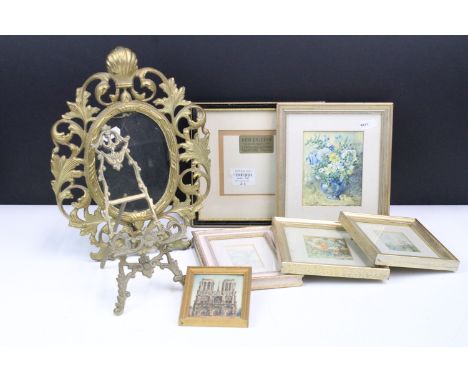 Assortment of small ornate frames and pictures to include oval gilt stand frame, brass easel stand frame holder together with