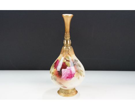 Royal Worcester hand painted specimen bud vase 'Roses' still life, H 20.5cm, stamped H304 RaNo519792 to base