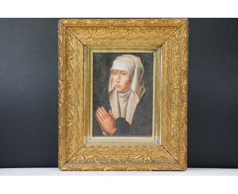 Portrait of a nun at her devotions, oil painting, 27 x 19cm, in ornate gilt frame