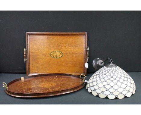 Assortment of items to include an Edwardian oak tray, Edwardian inlaid tray, Tiffany style hanging lamp light shade in purple