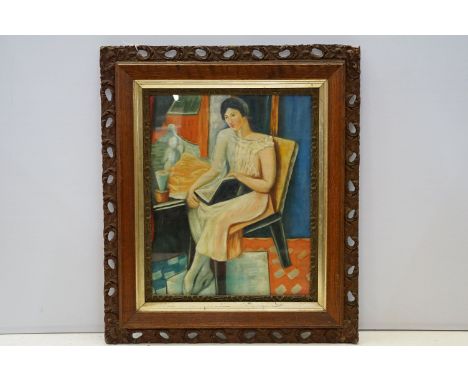 Portrait of a seated woman with open book, oil painting, 50 x 39cm, in pierced gilt frame
