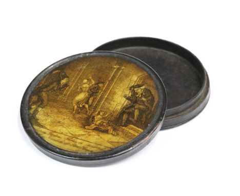 A Georgian papier mache snuff box of circular form. 