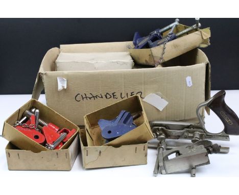 Selection of tools to include vice grips to include Paramo, Stanley router plane in box, Rededa cramp head, cutter blades for