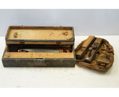 Box and bag of tools to include planes, saws, mallet etc (2)