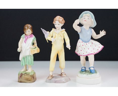Trio of  Royal Worcester ceramic figurines to include a 'Sunday's child' 3518 with inscription 'But the child that is born on