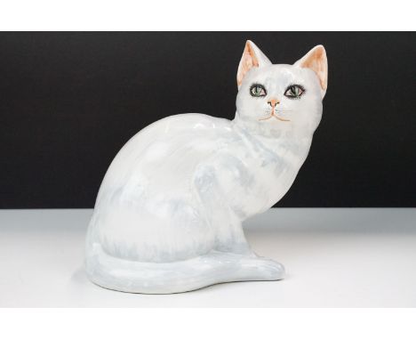 Large vintage hand painted ceramic cat figure with green eye detail, Made in Italy, hand marked F84A to base.