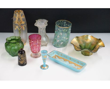 Selection of glass pieces to include an Art Nouveau gilded bud vase, H18.5cm, Bohemian Cranberry enamelled Art Glass, Enamell