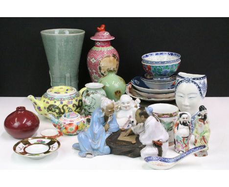 Large assortment of Oriental ceramics to include bowls, plates, ornament figurines, clay mud man ornament playing board games