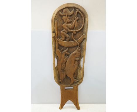 African tribal carved chair back featuring a fisherman and fish to central panel. Measures 134cm tall. 