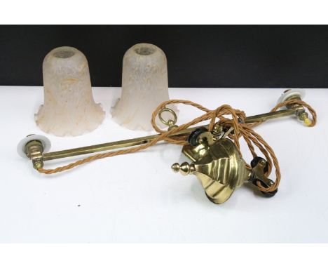 20th century brass hanging light fitting with two glass shades on pully style system 