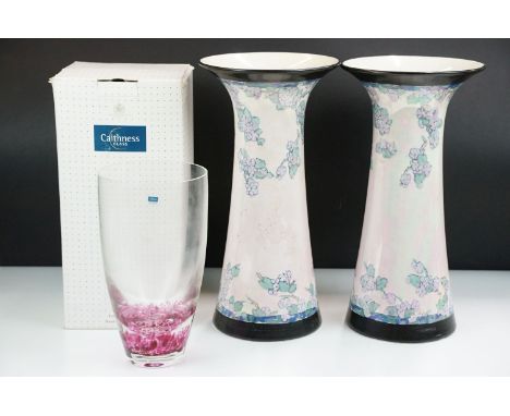 Pair of Royal Doulton large opalescent lustre floral and black border vases H 35.5cm together with a large Caithness Mosiac B
