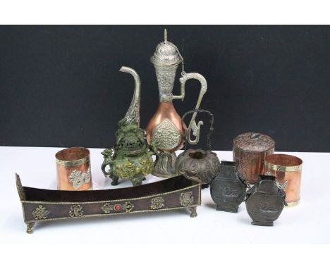 A small collection of mixed metal ware to include copper cups, white metal oriental teapot, brass sensor...etc..