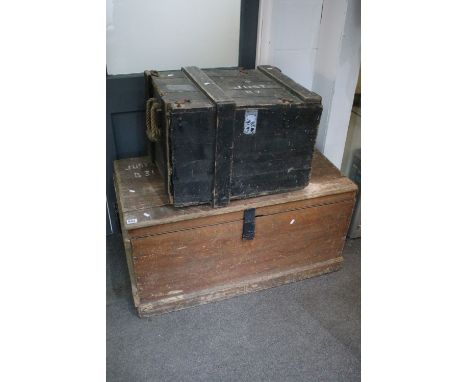 Two vintage military wooden trunks to include a planked black painted example complete with tools within. Tools to include a 