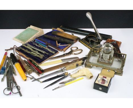 A collection of mixed collectables to include vintage pens, drawing intruments, folding rule, inkwell ....etc..