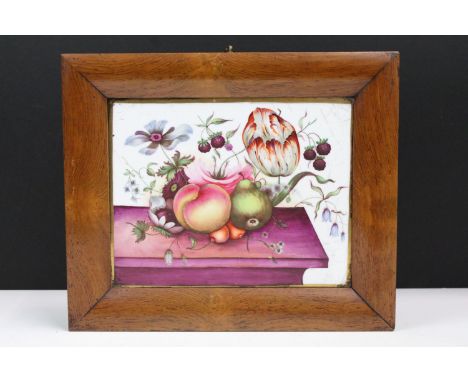 19th century framed still life of fruit and flowers porcelain plaque tile painting, W 28.5cm, H 24cm, D 2.5cm