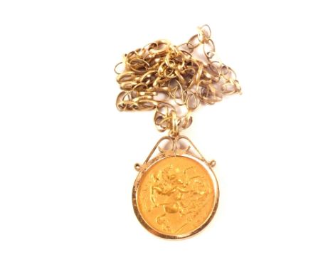 A 1914 half sovereign in 9ct gold mount on 9ct gold chain