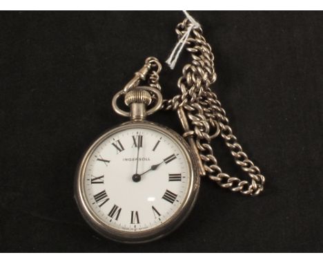 A silver watch chain with clip and t-bar with an Ingersoll pocket watch