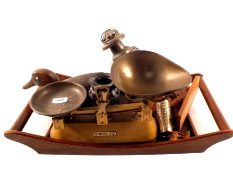 An inlaid walnut tray, decoy duck, kitchen scales plus other items including four clay figures