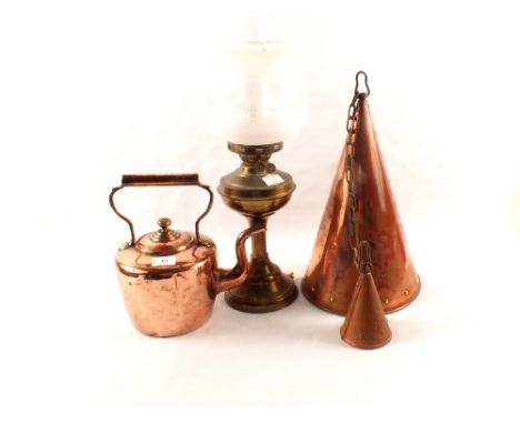 A Victorian copper kettle, conical light shade plus a brass lamp