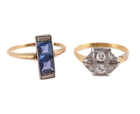 
	
		A SAPPHIRE DRESS RING AND A DIAMOND DRESS RING 
		FIRST HALF OF THE 20TH CENTURY 
		The two step cut sapphires set betwe