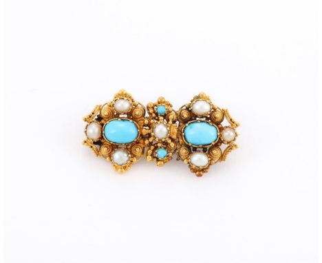 
	
		A MID 19TH CENTURY GOLD, TURQUOISE AND PEARL CANNETILLE BROOCH 
		The shaped scrolled cannetille panel with ends set wit