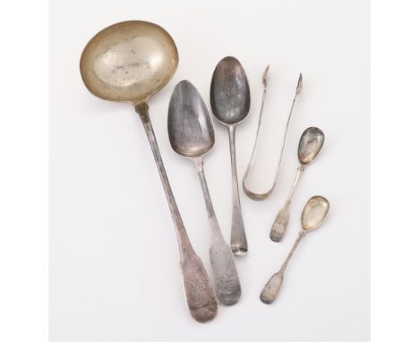 
	
		A COLLECTION OF SILVER FLATWARE
		To include: a George III Old English pattern soup ladle, possibly by William Eley I, W