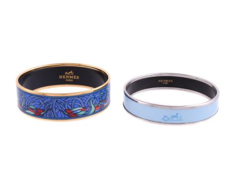 
	
		HERMES, TWO BROAD PRINTED ENAMEL BANGLES 
		The bangle with polychrome ducks amongst blue interwoven reeds, the inner st